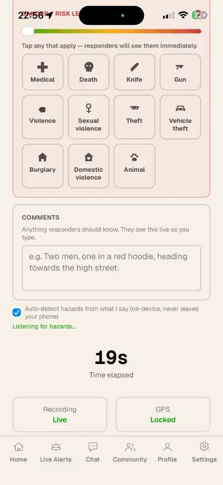 A live alert, recording, with hazards tagged