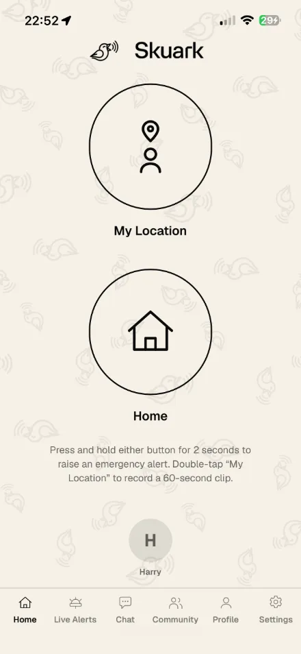 The Skuark home screen, with the alert buttons