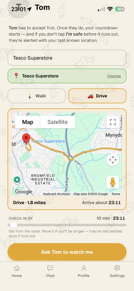 Asking someone to watch you drive to a shop